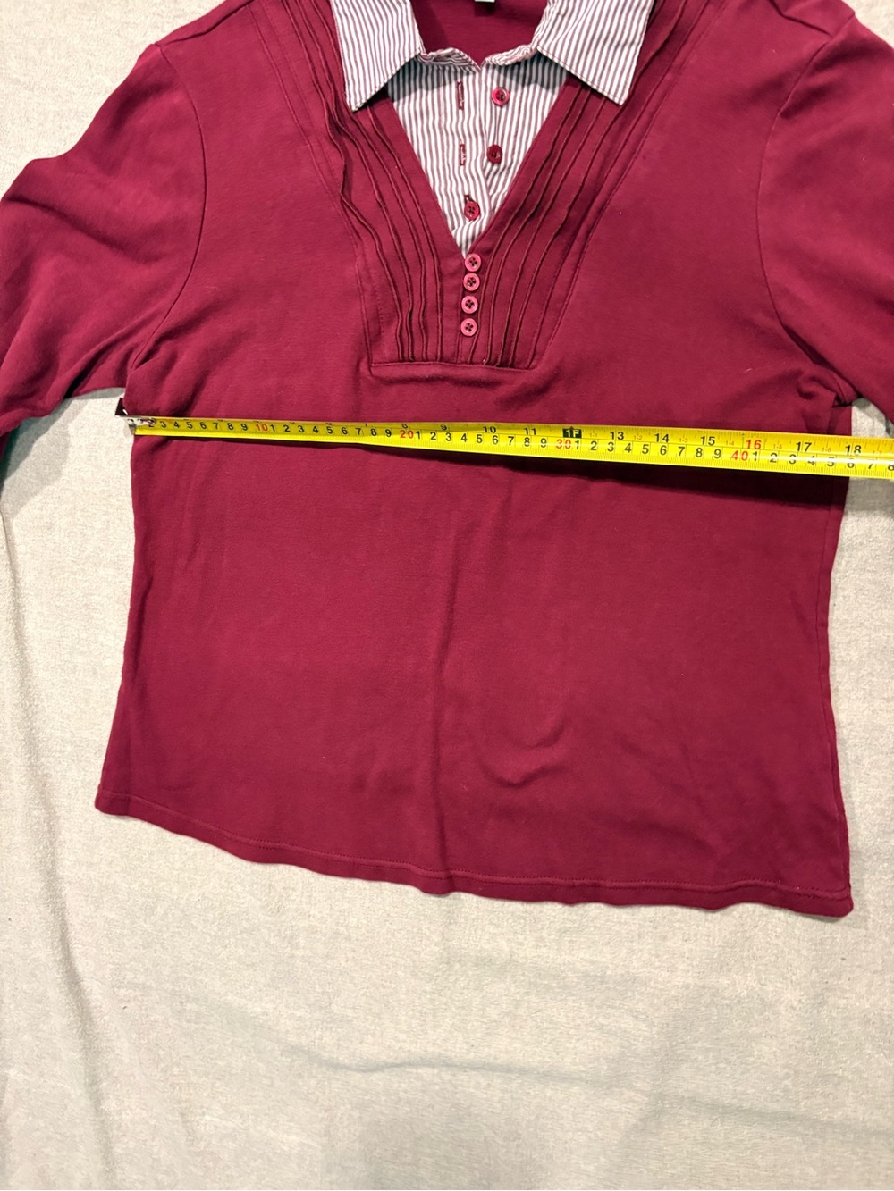 Vintage Layered-Look V-Neck Fooler Sweater with Striped Collar - Burgundy. Large - Picture 8 of 12